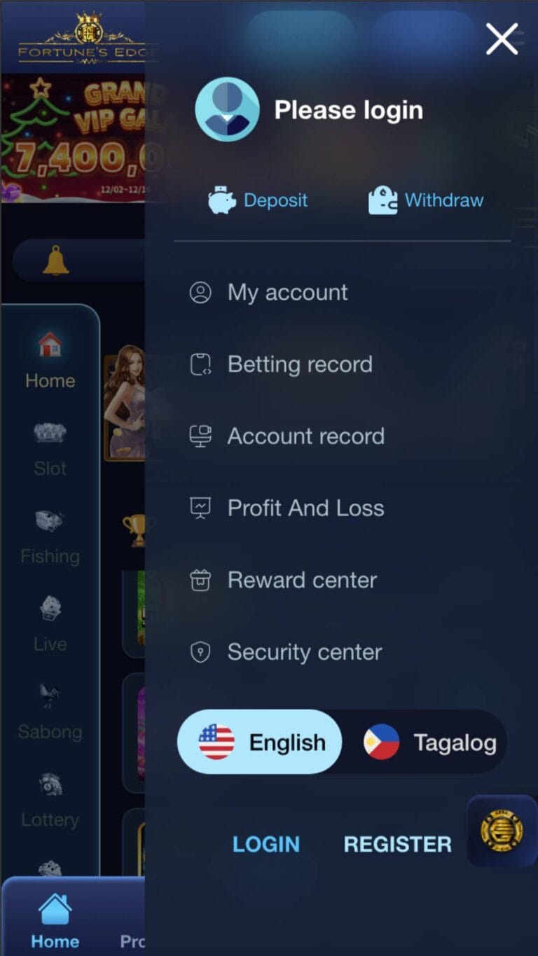 Fortune Edge APP Interface: Menu